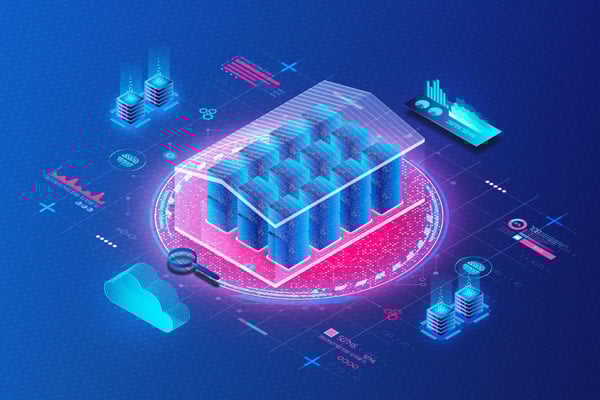 Illustration of data warehousing concept showing many servers under one roof